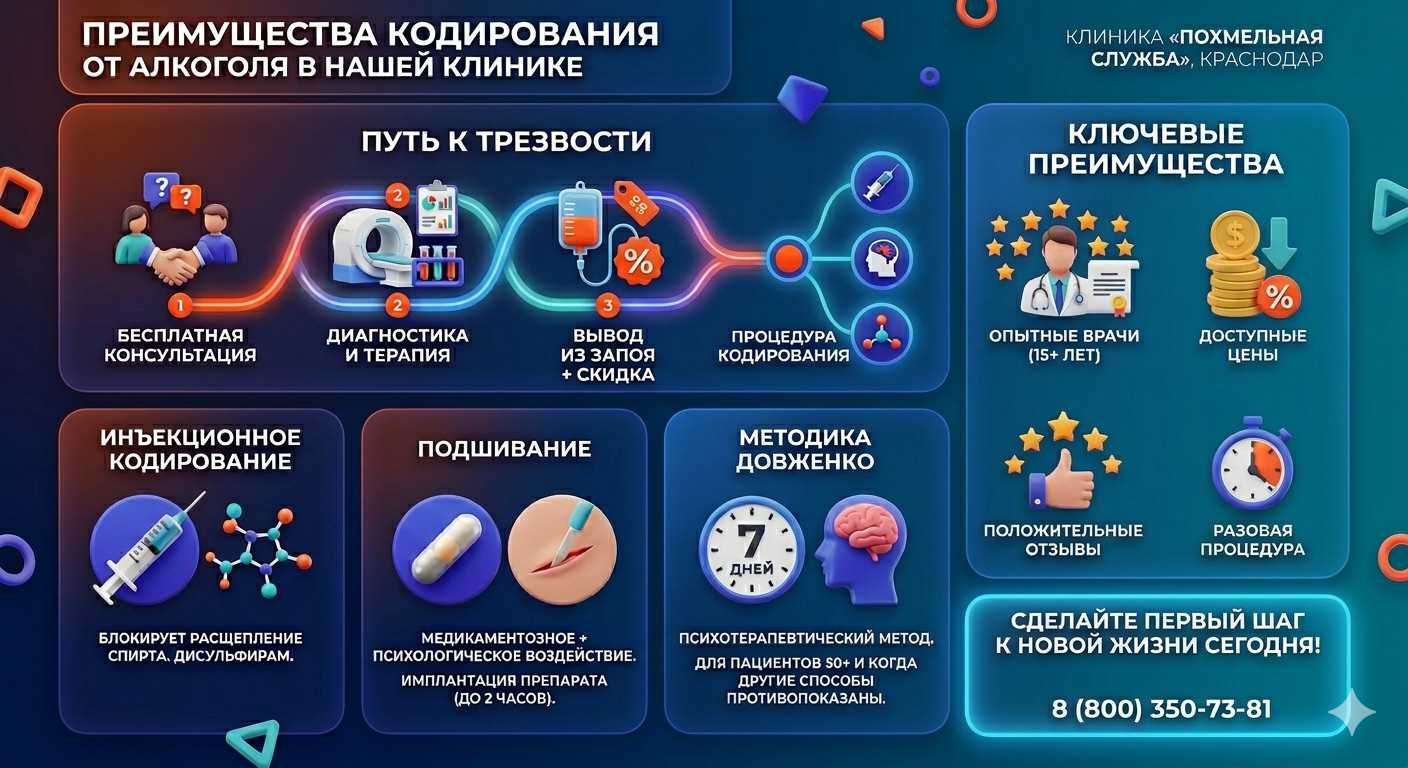 Инфографика о методах кодирования от алкоголя в Могилёве: инъекции, подшивание, метод Довженко. Преимущества клиники и этапы лечения.